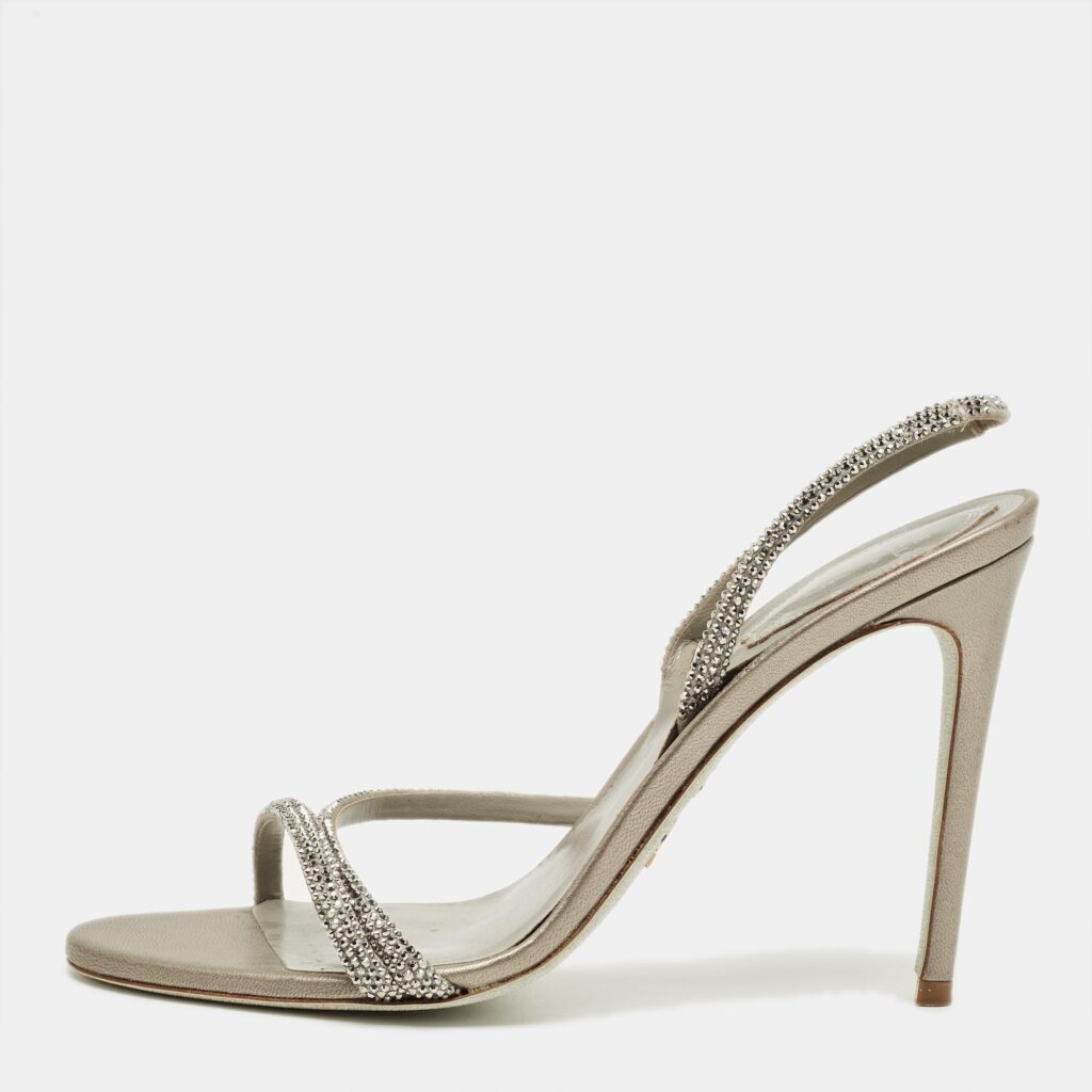 René Caovilla Grey Satin Crystal Embellish Slingback Sandals Size 39 René Caovilla Grey Satin Crystal Embellish Slingback Sandals Size 39