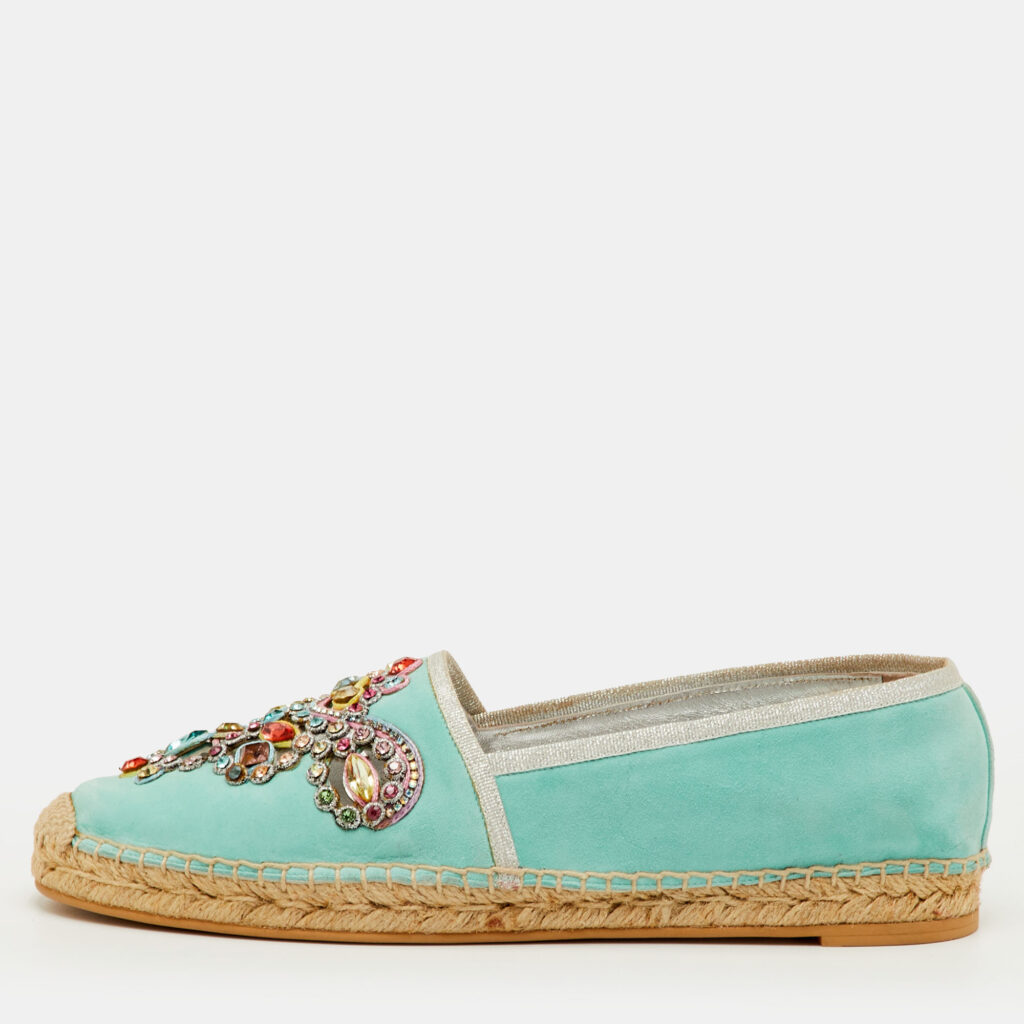 René Caovilla Size 39 Light Blue Suede Crystal Embellished Espadrille Flats René Caovilla Size 39 Light Blue Suede Crystal Embellished Espadrille Flats