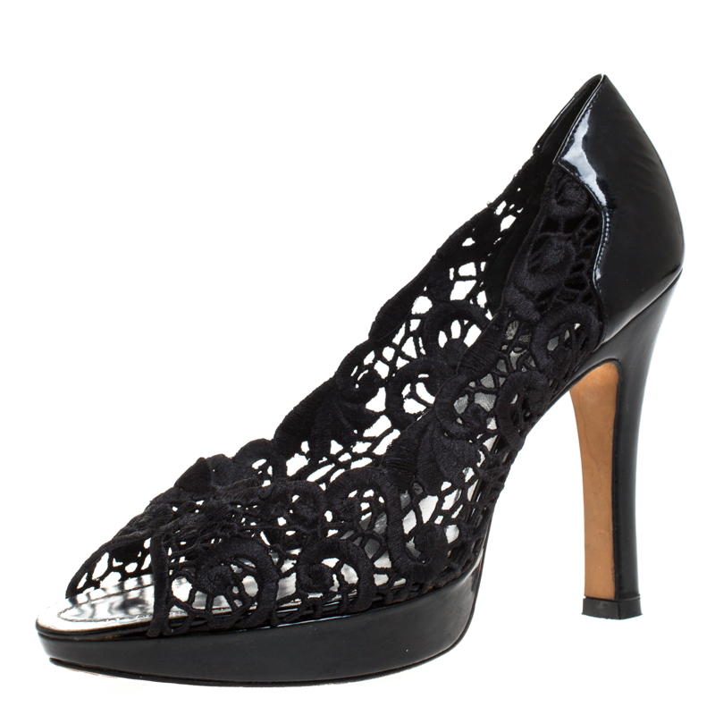 Rene Caovilla Black Lace Peep Toe Pumps Size 39