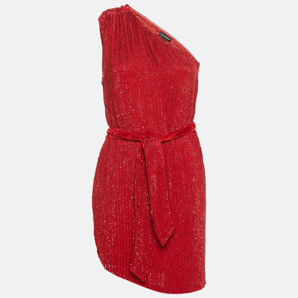 Retrofete Dark Red Sequin Belted One-Shoulder Mini Dress S Retrofete Dark Red Sequin Belted One-Shoulder Mini Dress S
