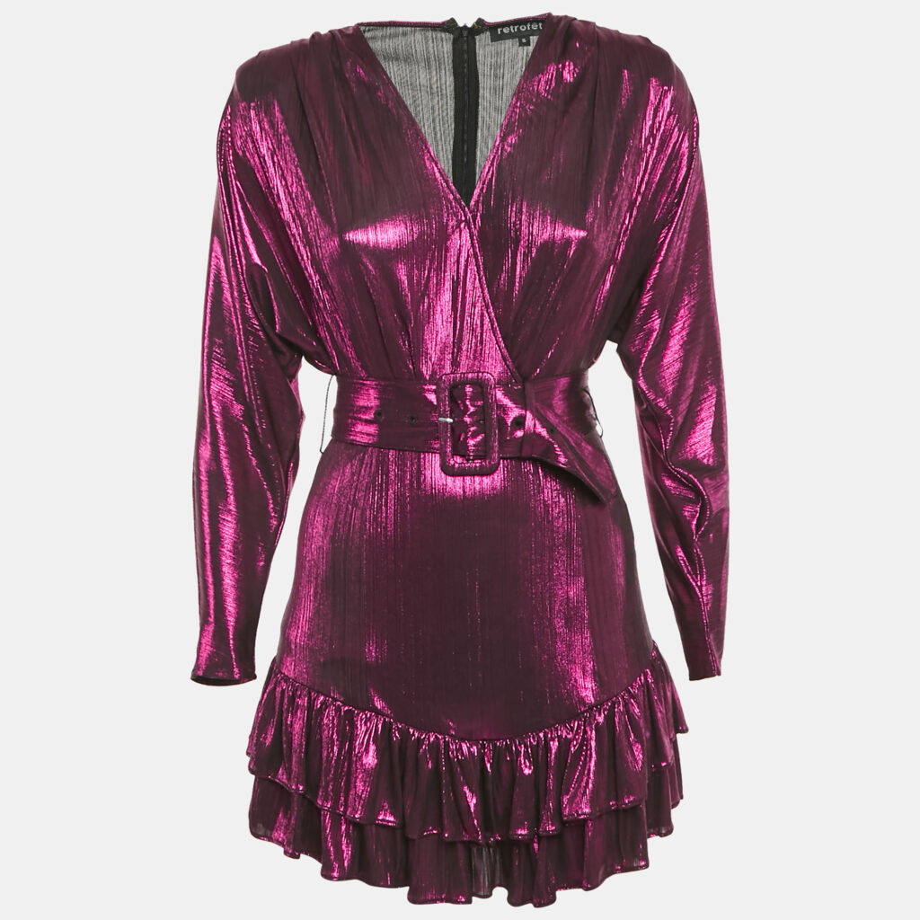 Retrofete Pink Lamé Belted Ruffle Detail Mini Dress S