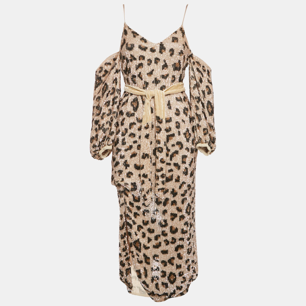 Retrofete Beige Leopard Print Sequin Belted Midi Dress XS