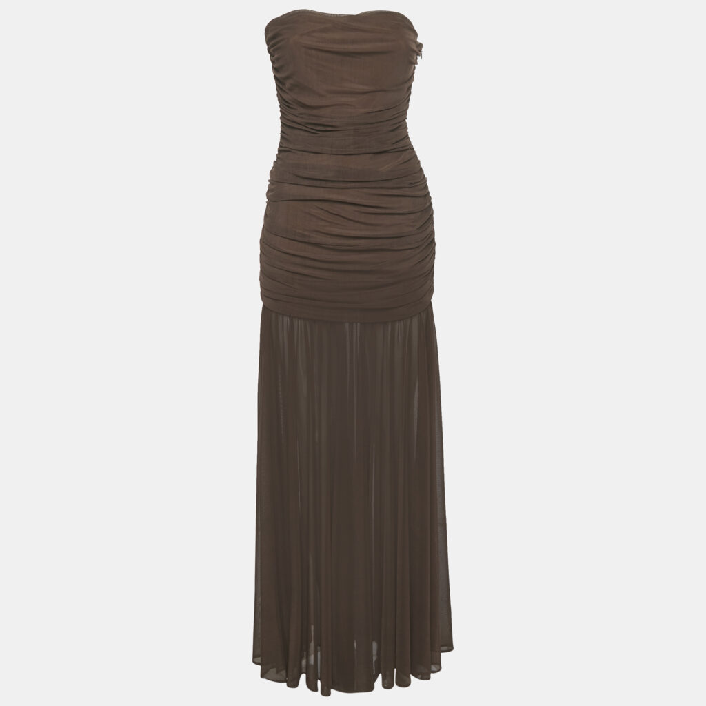 Retrofete Brown Stretch Mesh Ruche Adele Dress M