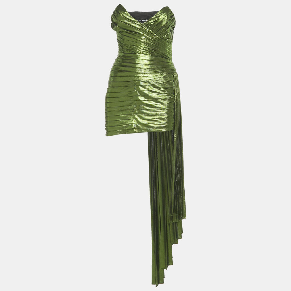 luxury-women-retrofete-used-clothes-p1241013-002.jpg Retrofete Green Lamé Pleated Draped Waist Daniele Dress XS