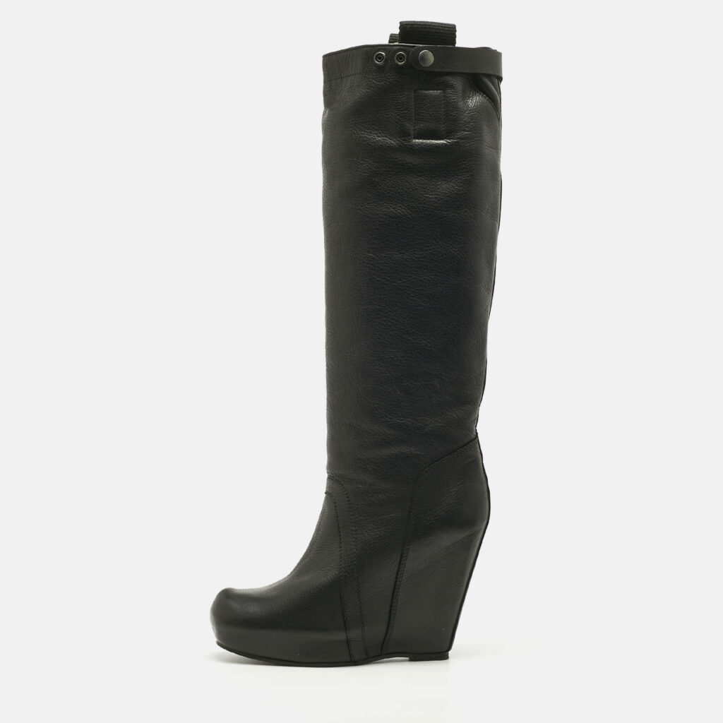 Rick Owens Black Leather Platform Knee Length Boots Size 40