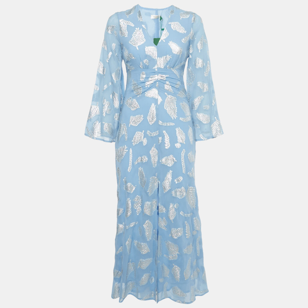 Rixo Simone Blue Lurex Brocade Crepe V-Neck Long Dress XXS Rixo Simone Blue Lurex Brocade Crepe V-Neck Long Dress XXS