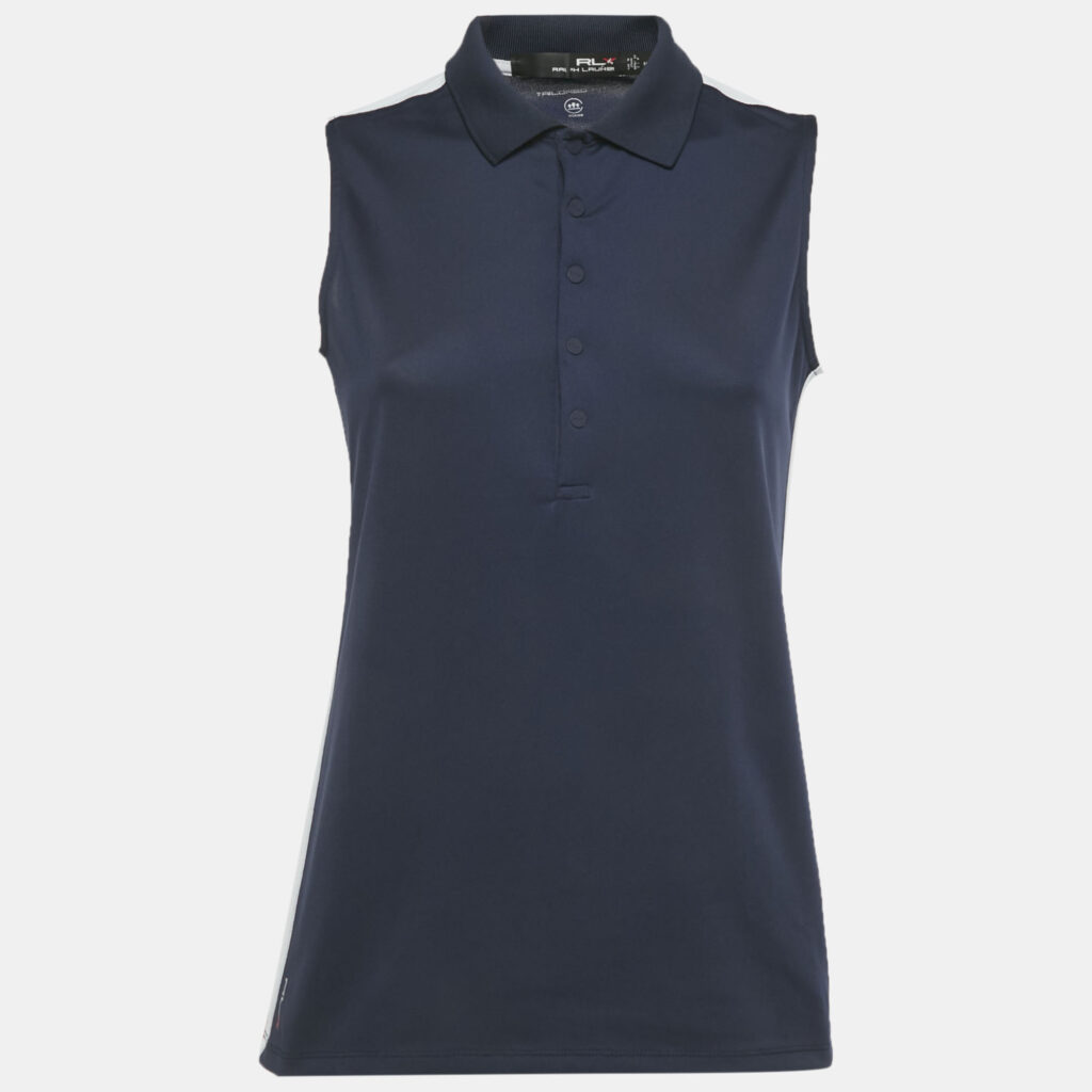 RLX by Ralph Lauren Navy Blue Striped Logo Print Jersey Sleeveless Tailored Fit Top M RLX by Ralph Lauren Navy Blue Striped Logo Print Jersey Sleeveless Tailored Fit Top M