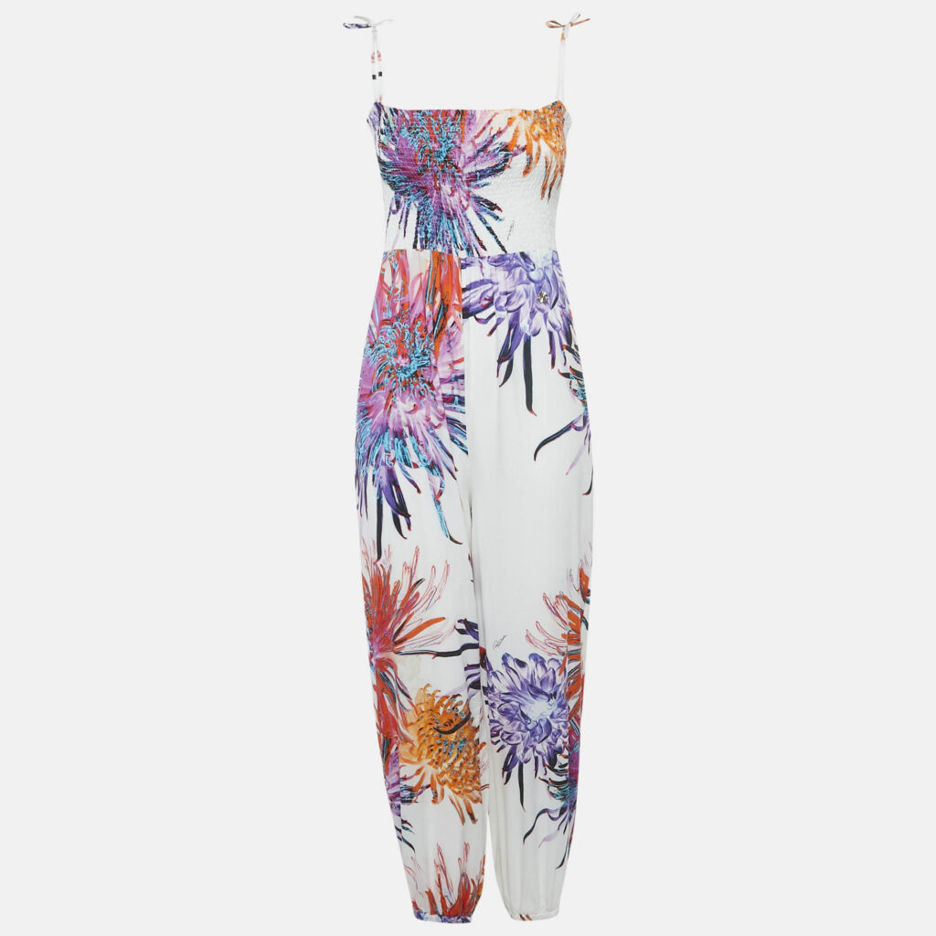 Roberto Cavalli White Floral Print Cotton Smock Detail Jumpsuit S Roberto Cavalli White Floral Print Cotton Smock Detail Jumpsuit S