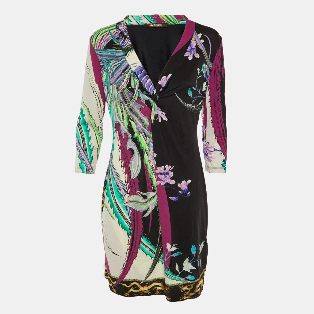 Roberto Cavalli Purple Abstract Floral Print Jersey Knotted Mini Dress L