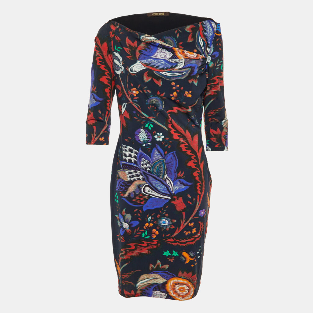 Roberto Cavalli Midnight Blue Printed Jersey Knee Length Dress L