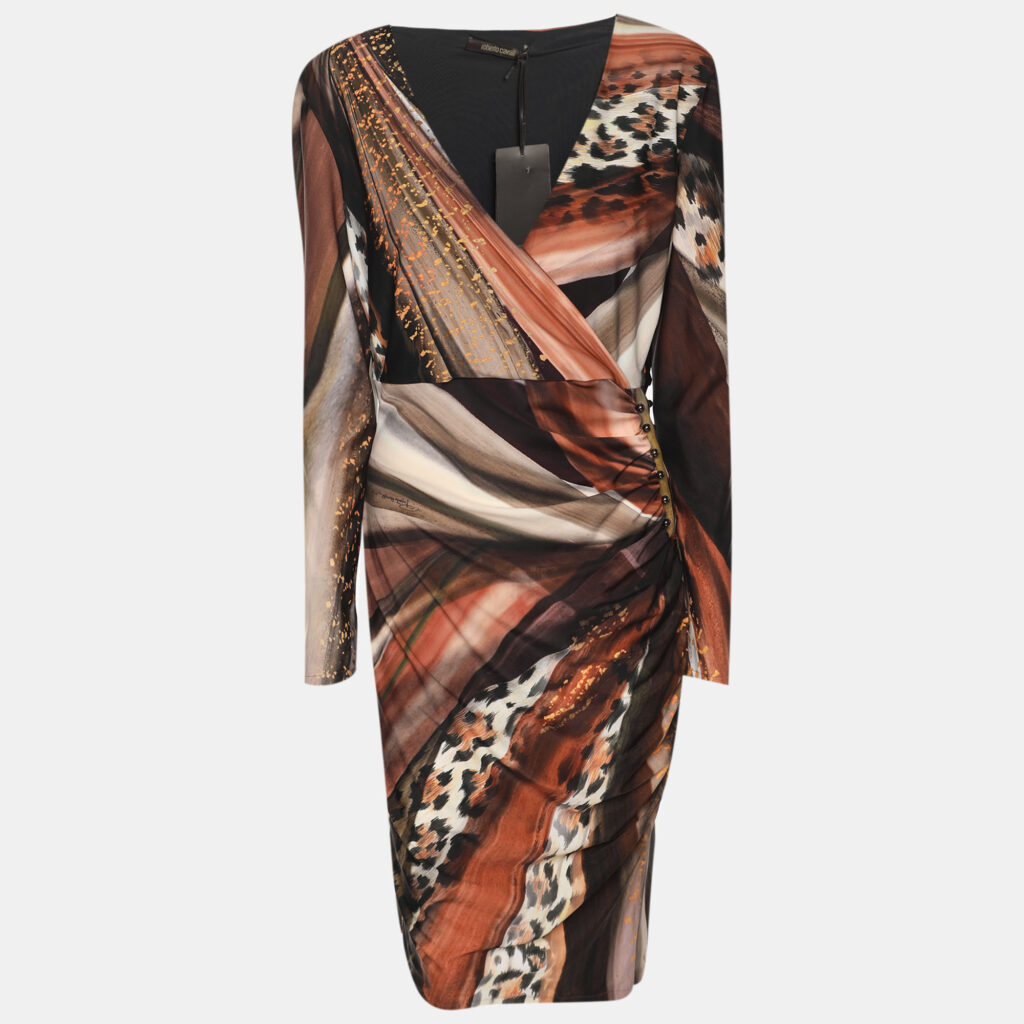 Roberto Cavalli Multicolor Animal Print Stretch Crepe Piercing Draped Midi Dress L
