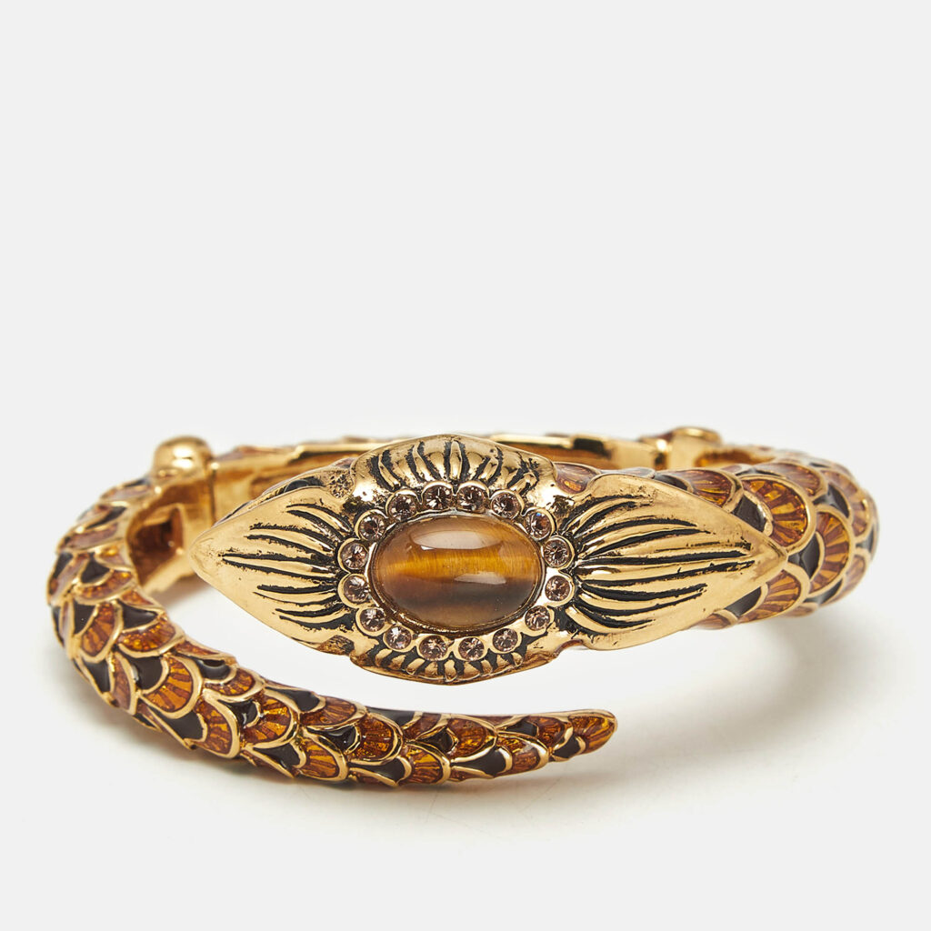 Roberto Cavalli Serpent Head Enamel Gold Tone Detailed Open Cuff Bracelet Roberto Cavalli Serpent Head Enamel Gold Tone Detailed Open Cuff Bracelet