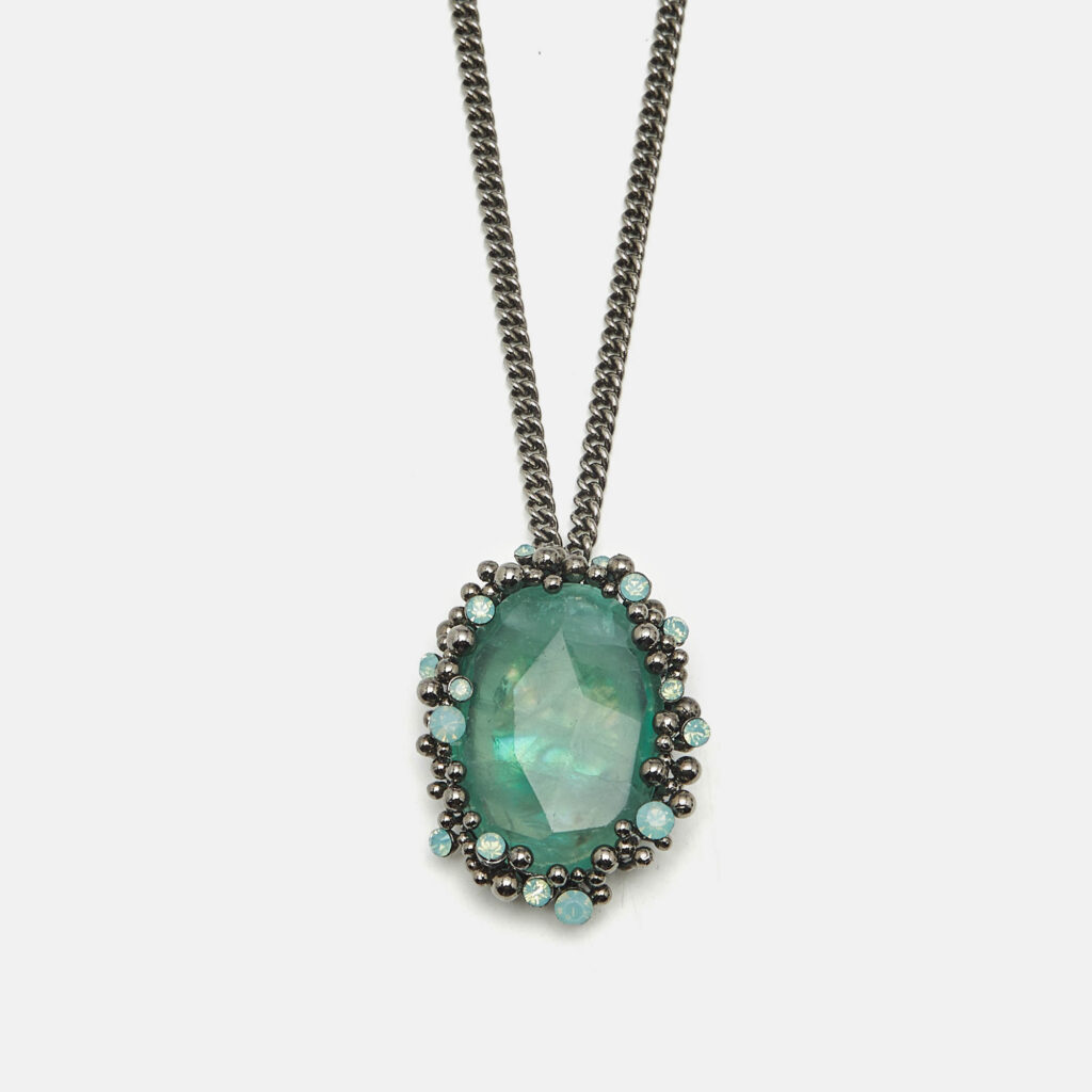 Roberto Cavalli Green Crystal Gunmetal Tone Pendant Necklace Roberto Cavalli Green Crystal Gunmetal Tone Pendant Necklace