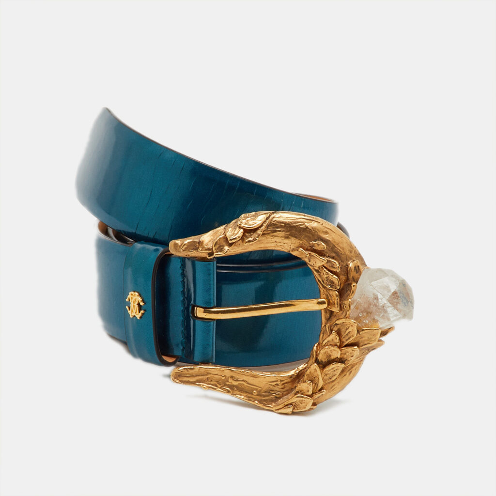 Roberto Cavalli Teal Blue Patent Leather Crystal Buckle Belt 85CM Roberto Cavalli Teal Blue Patent Leather Crystal Buckle Belt 85CM