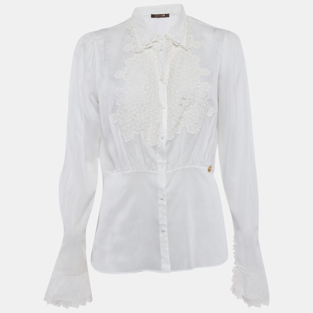Roberto Cavalli Off-White Cambric Cotton Floral Lace Trimmed Blouse L