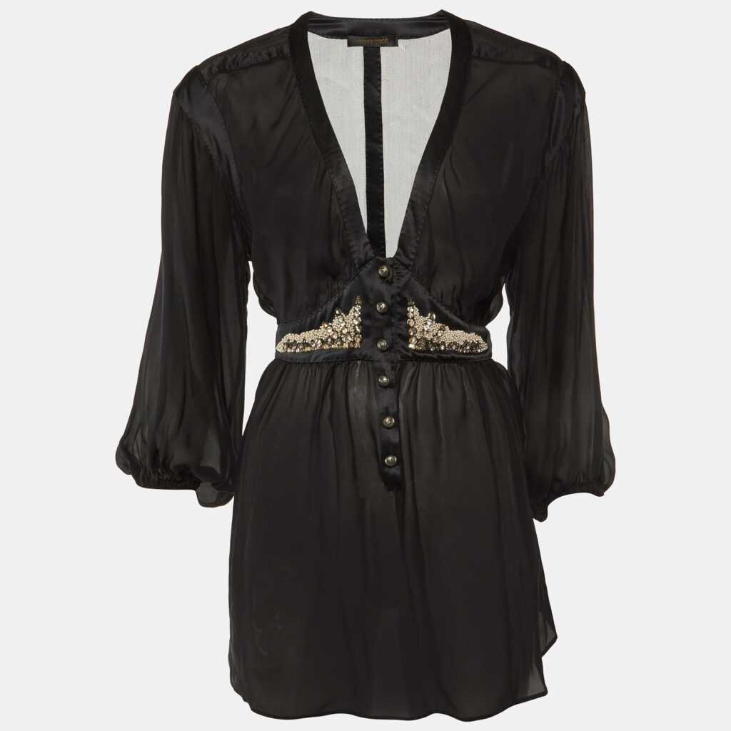 Roberto Cavalli Black Silk Chiffon & Satin Trim Detail Tunic Top M