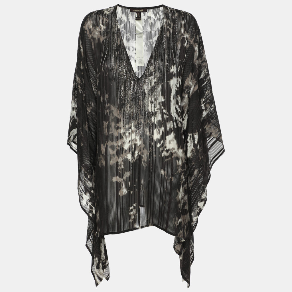 Roberto Cavalli Black/White Printed Silk Embellished Kaftan XL Roberto Cavalli Black/White Printed Silk Embellished Kaftan XL