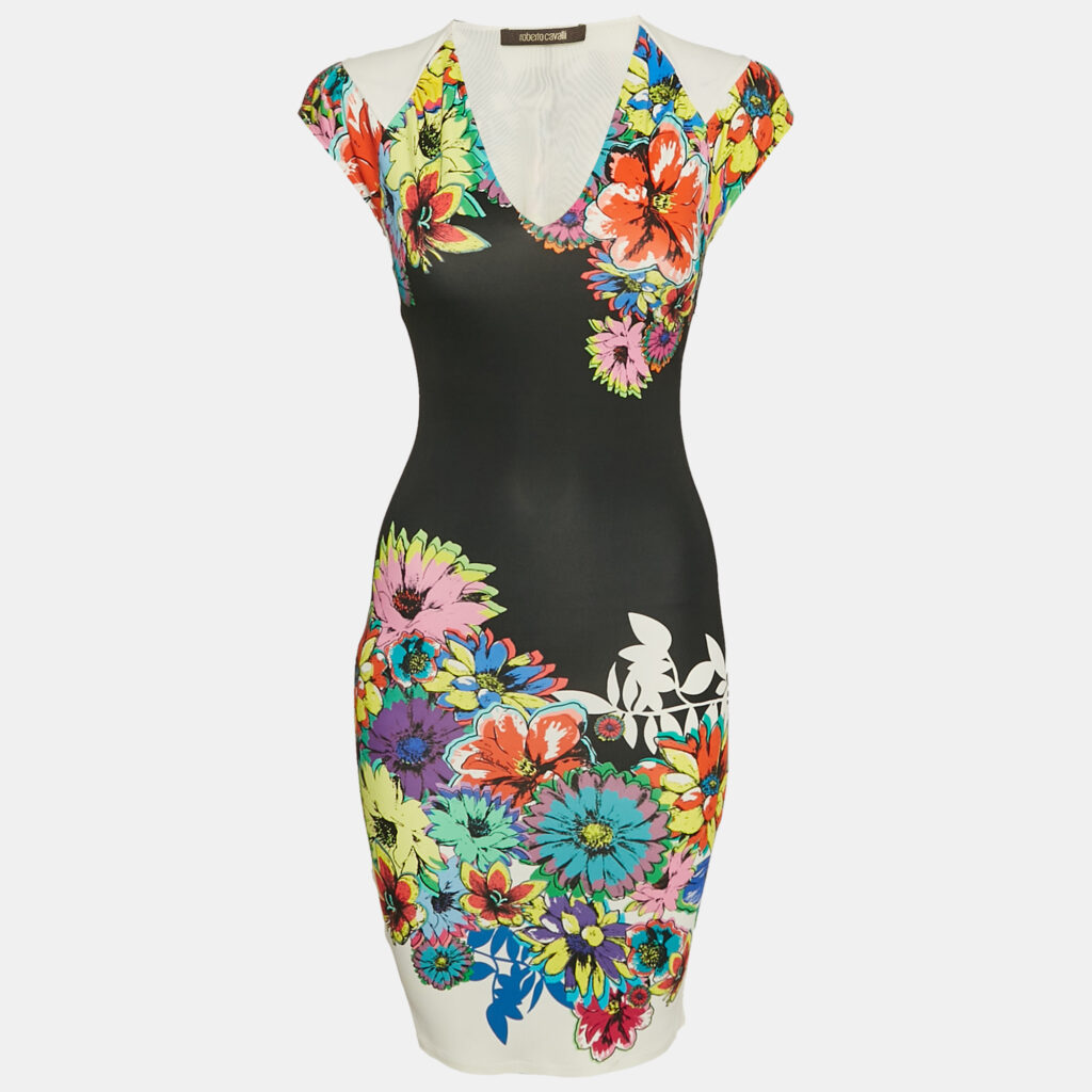 Roberto Cavalli Black Floral Print Jersey Mini Dress S Roberto Cavalli Black Floral Print Jersey Mini Dress S