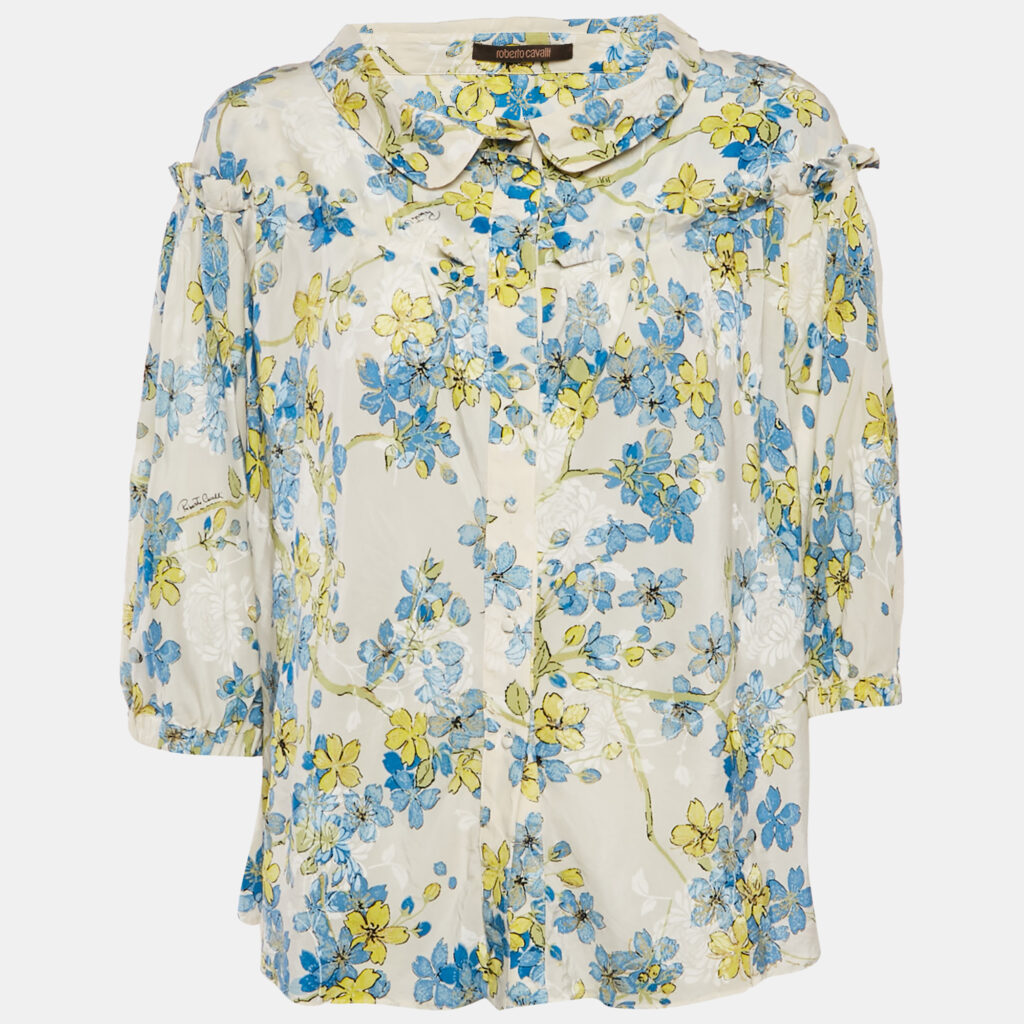 Roberto Cavalli White/Blue Floral Print Silk Ruffled Blouse M