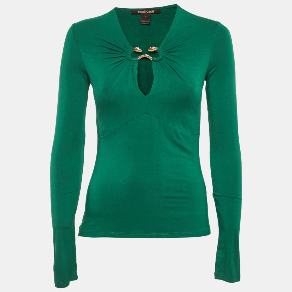 Roberto Cavalli Green Jersey Snake Detail Top S