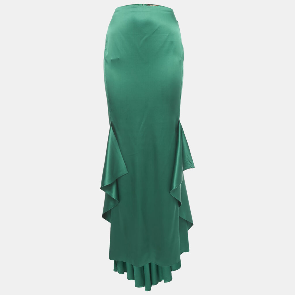 Roberto Cavalli Green Satin Ruffled High-Low Maxi Skirt M Roberto Cavalli Green Satin Ruffled High-Low Maxi Skirt M