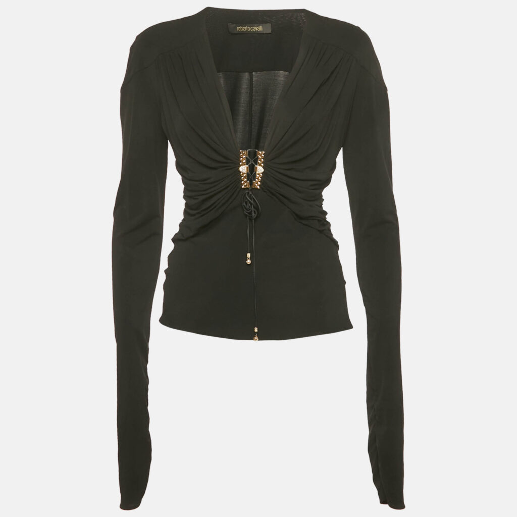 Roberto Cavalli Black Embellished Lace Up Jersey Top M Roberto Cavalli Black Embellished Lace Up Jersey Top M