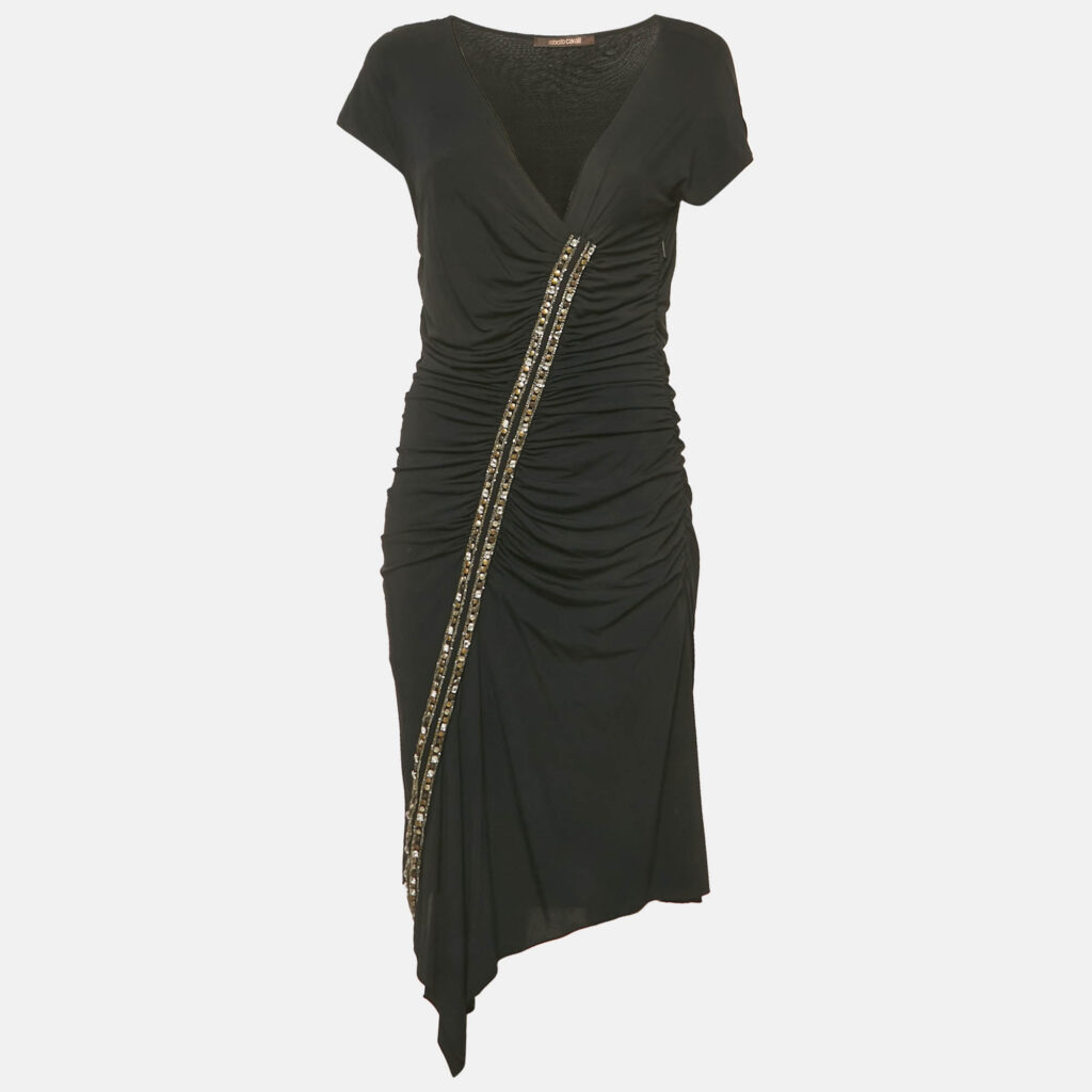 Roberto Cavalli Black Jersey Embellished Ruche Jersey Mini Dress L