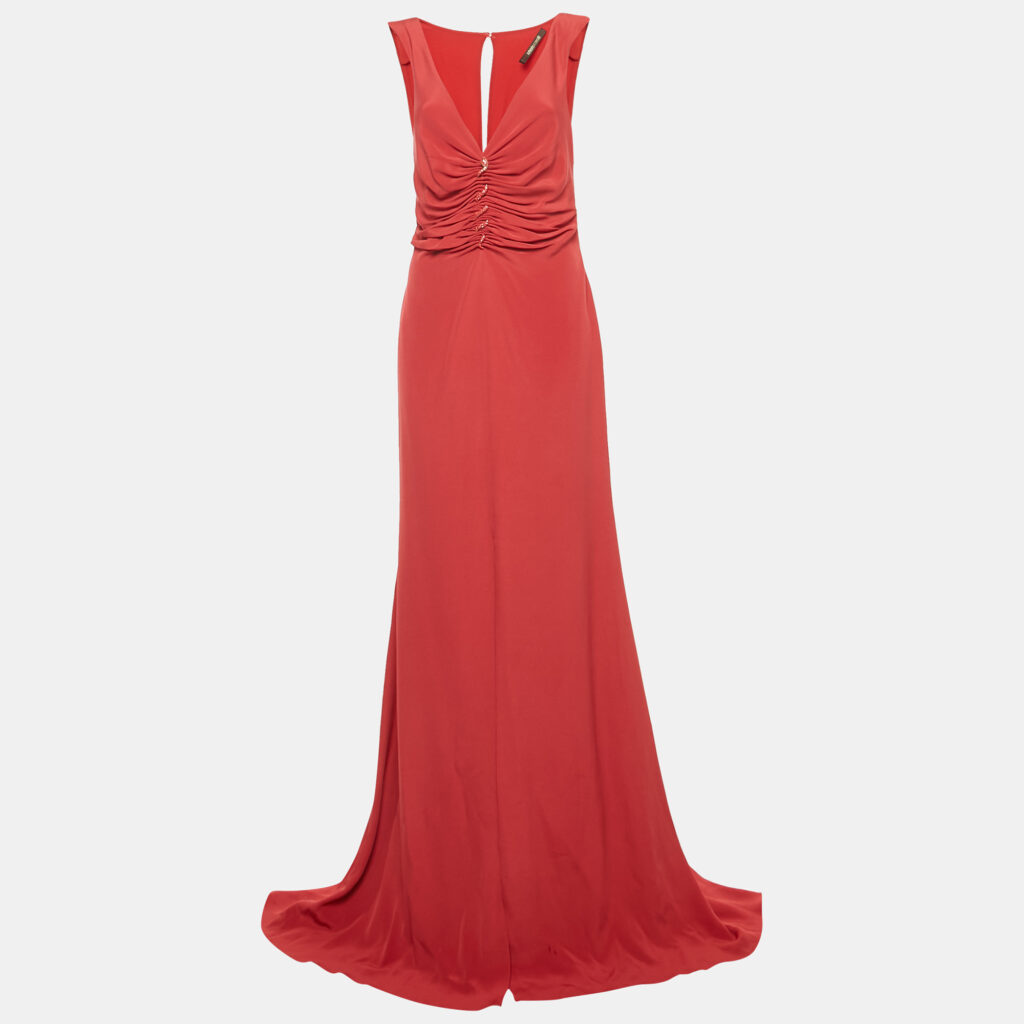 Roberto Cavalli Red Crepe Ruched Slit Maxi Dress M