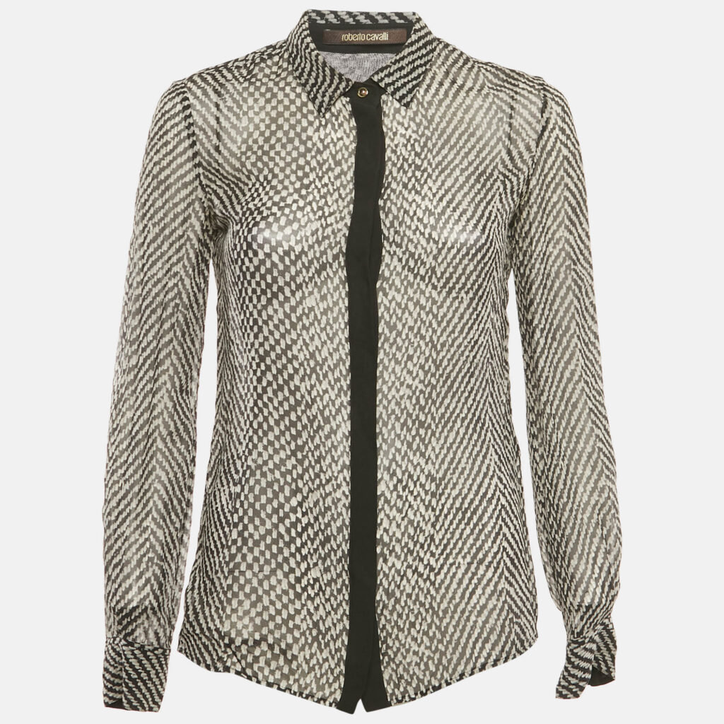 Roberto Cavalli Black Silk Monochrome Sheer Blouse S Roberto Cavalli Black Silk Monochrome Sheer Blouse S