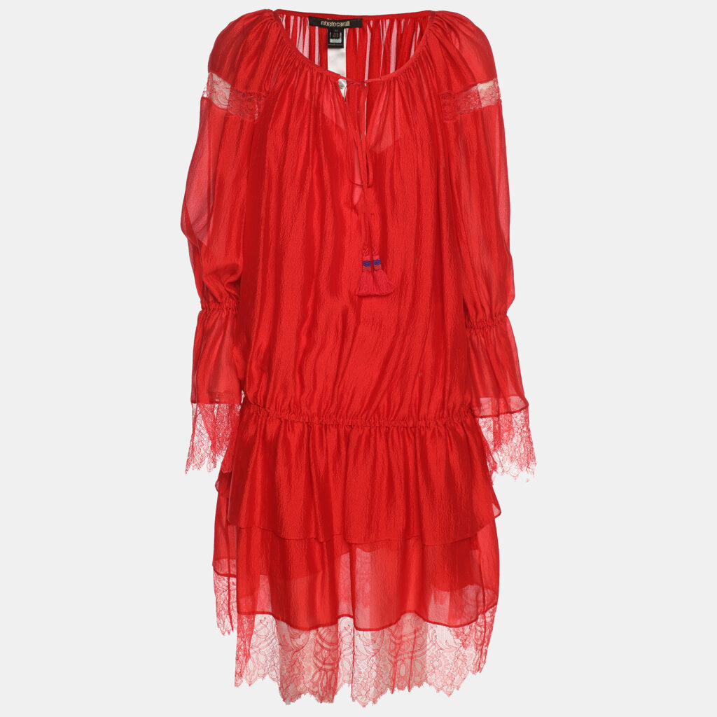 Roberto Cavalli Red Silk and Lace Trim Mini Dress S