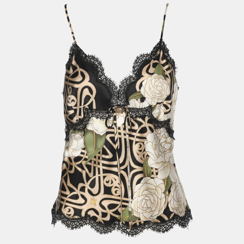Roberto Cavalli Multicolor Printed Silk Lace Trim Camisole Tops M