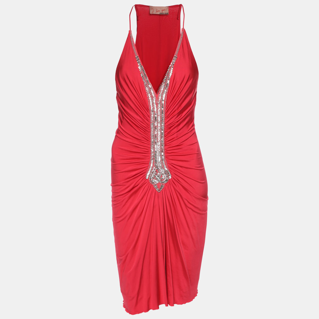 Roberto Cavalli Pink Jersey Crystal Ruched Embellishment Mini Dress M