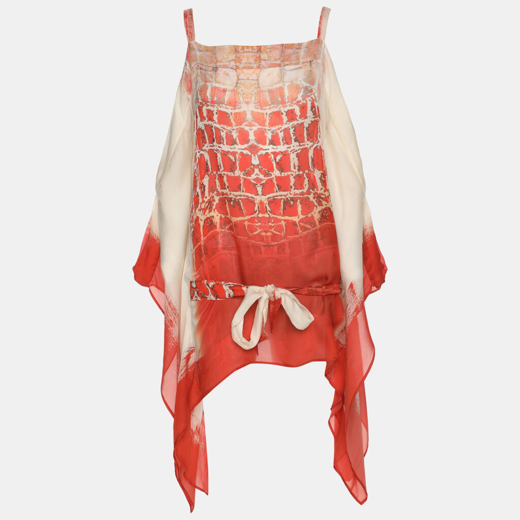 Roberto Cavalli Orange & White Printed Silk Wrap Around Belted Kaftan Blouse Roberto Cavalli Orange & White Printed Silk Wrap Around Belted Kaftan Blouse