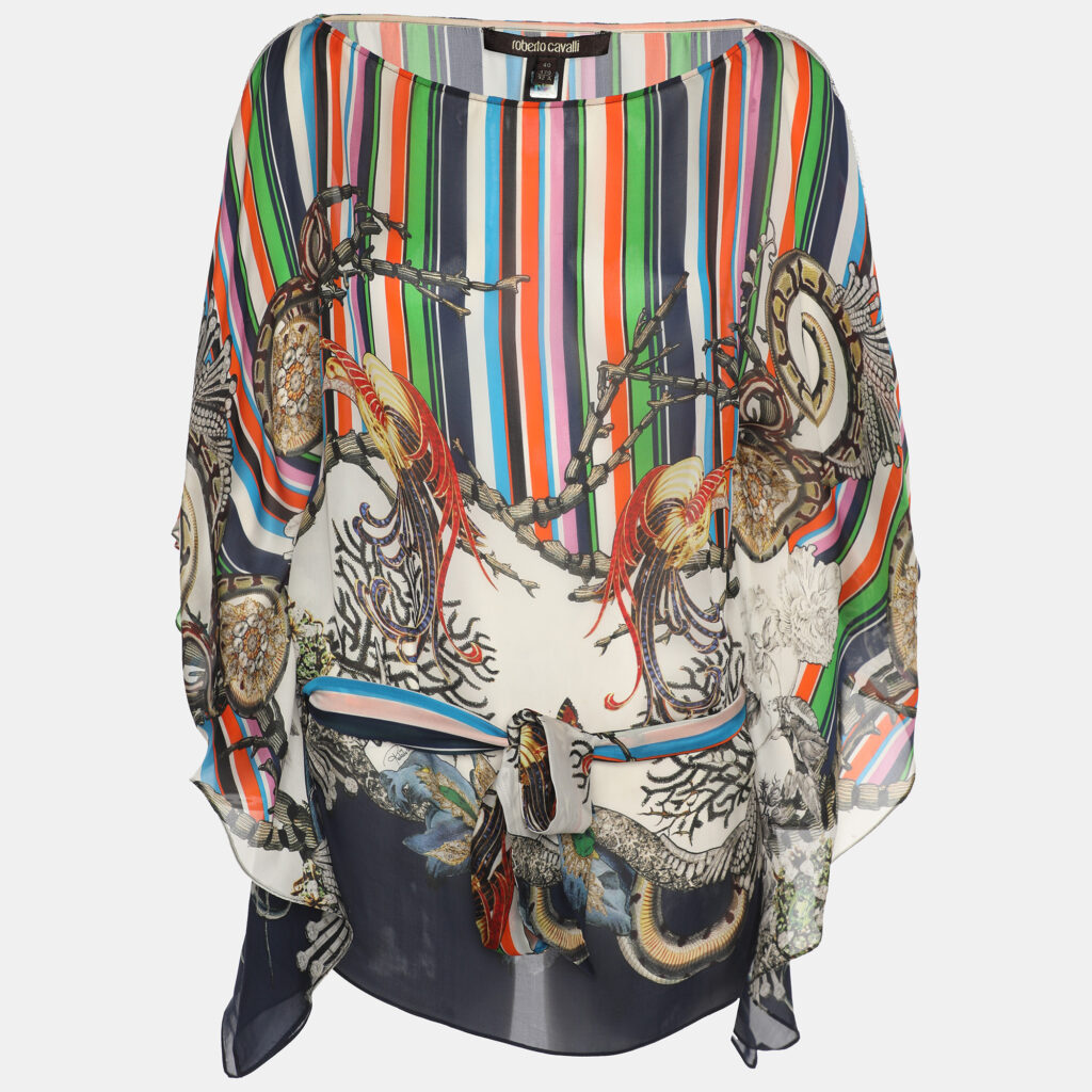 Roberto Cavalli Multicolor Stripe Printed Silk Belted Kaftan Blouse S Roberto Cavalli Multicolor Stripe Printed Silk Belted Kaftan Blouse S