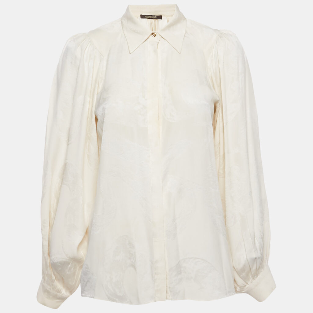 Roberto Cavalli Off-White Jacquard Puff Sleeve Blouse S