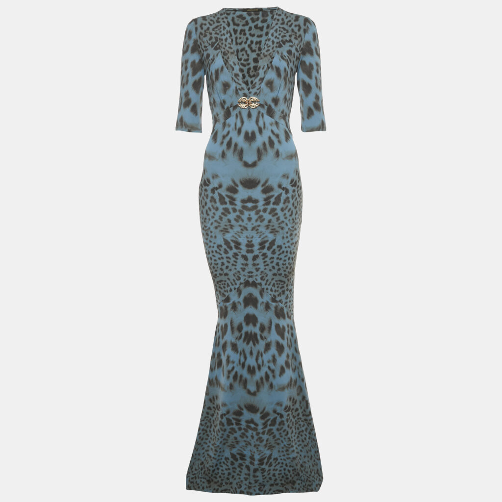 Roberto Cavalli Teal Blue Animal Printed Jersey Plunge Neck Maxi Dress S