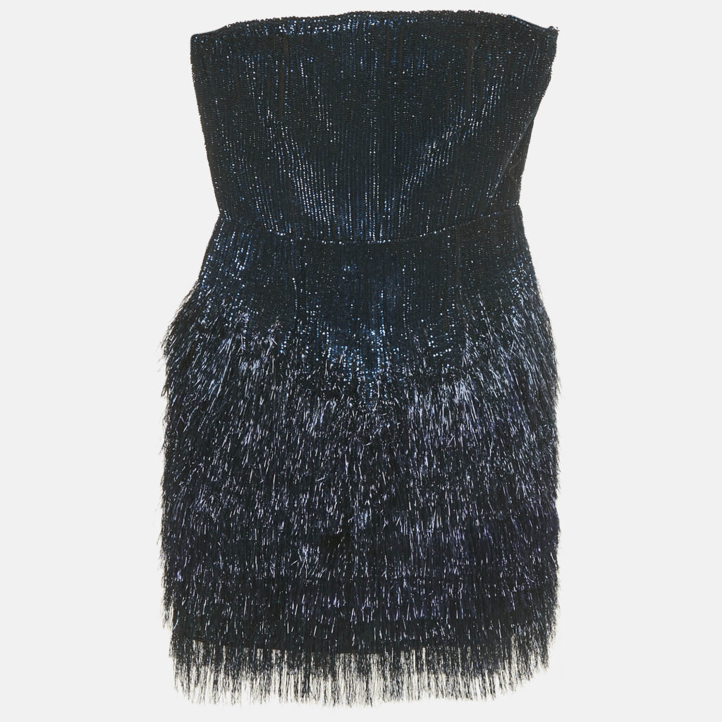 Roberto Cavalli Blue Sequin and Lurex Fringed Strapless Mini Dress S