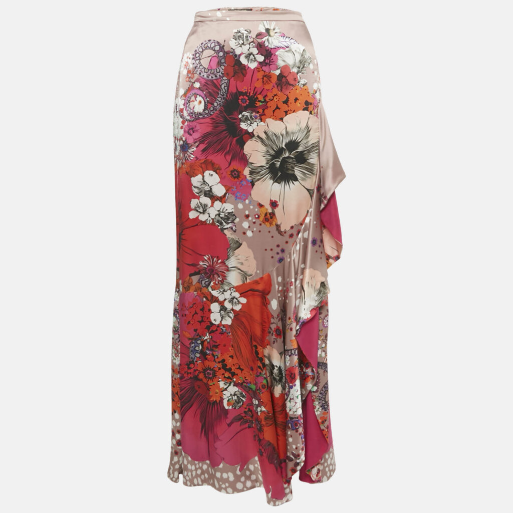 Roberto Cavalli Multicolor Floral Print Silk Ruffled Maxi Skirt M Roberto Cavalli Multicolor Floral Print Silk Ruffled Maxi Skirt M