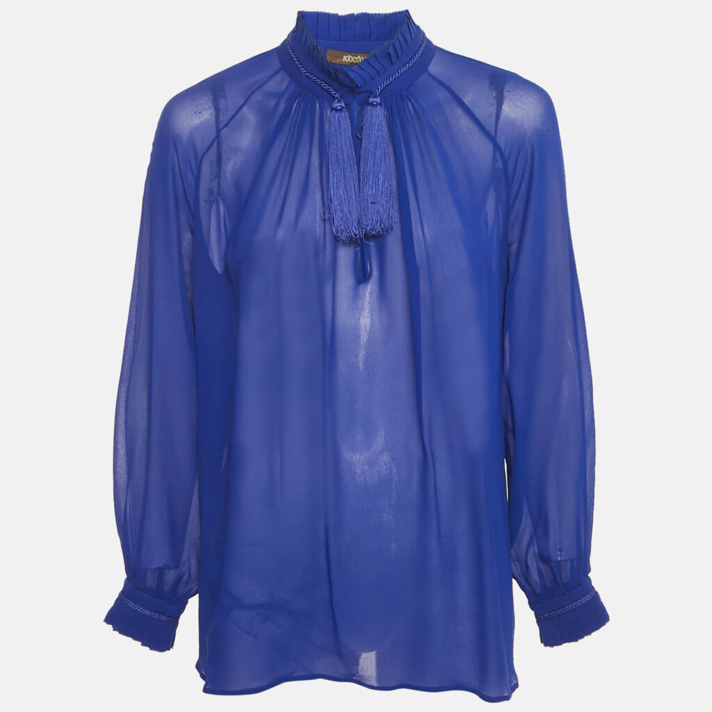 Roberto Cavalli Blue Silk Tassel Detailed Sheer Blouse S Roberto Cavalli Blue Silk Tassel Detailed Sheer Blouse S