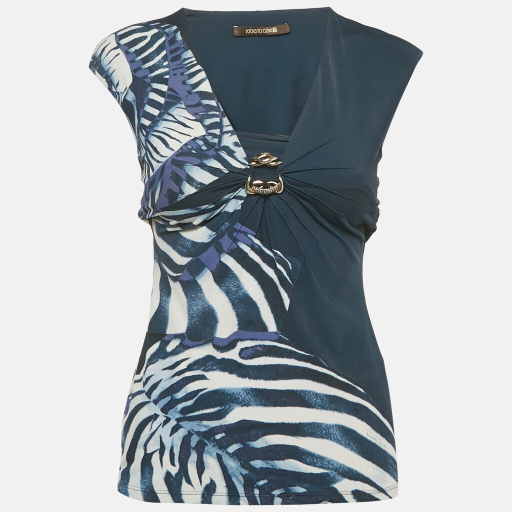 Roberto Cavalli Blue Printed Jersey Neck Detail Top S