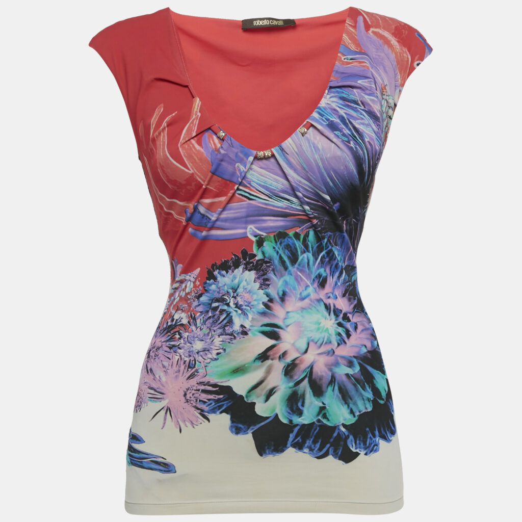 Roberto Cavalli Pink Printed Jersey Scoop Neck Top S