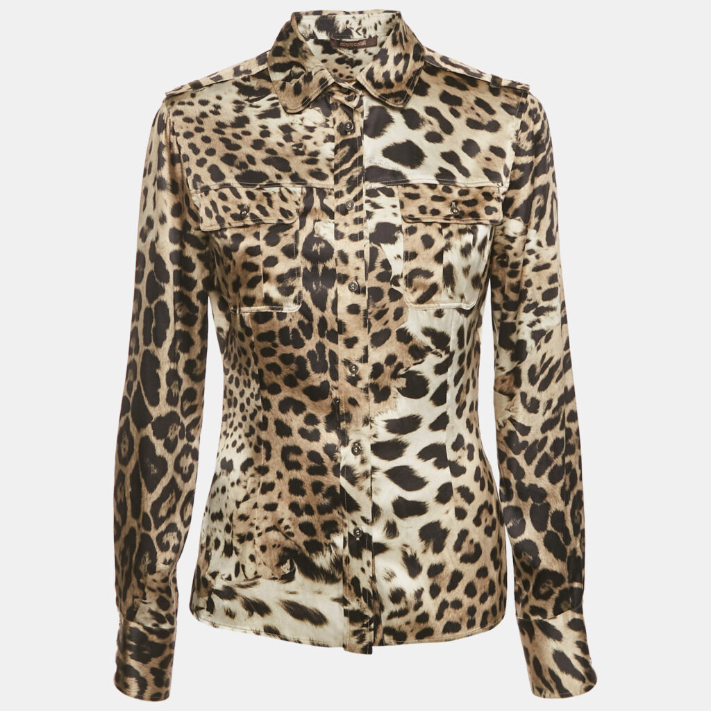 Roberto Cavalli Black Leopard Print Satin Silk Button Front Shirt M