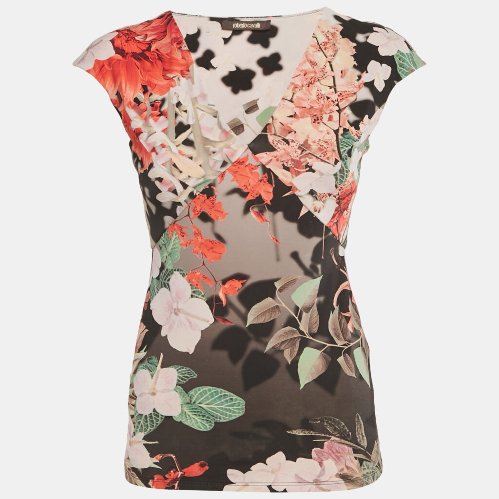 Roberto Cavalli Multicolor Floral Print Jersey V-Neck Top S