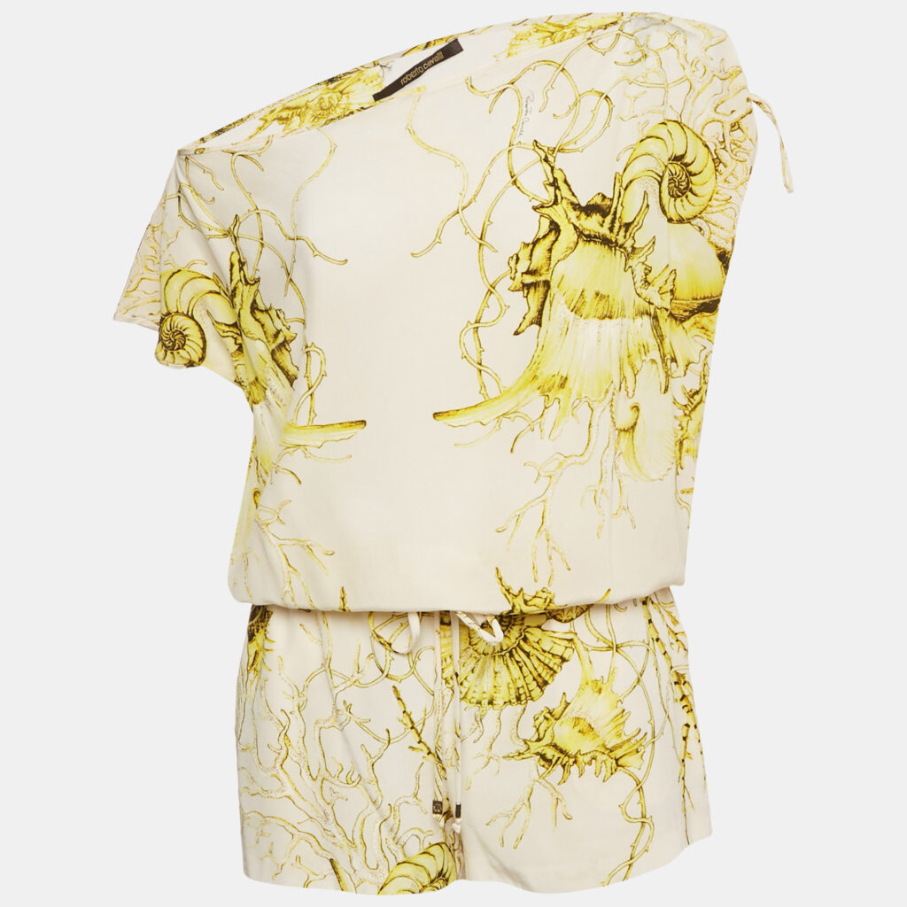 Roberto Cavalli Off White/Yellow Printed Silk Drawstring Playsuit M Roberto Cavalli Off White/Yellow Printed Silk Drawstring Playsuit M