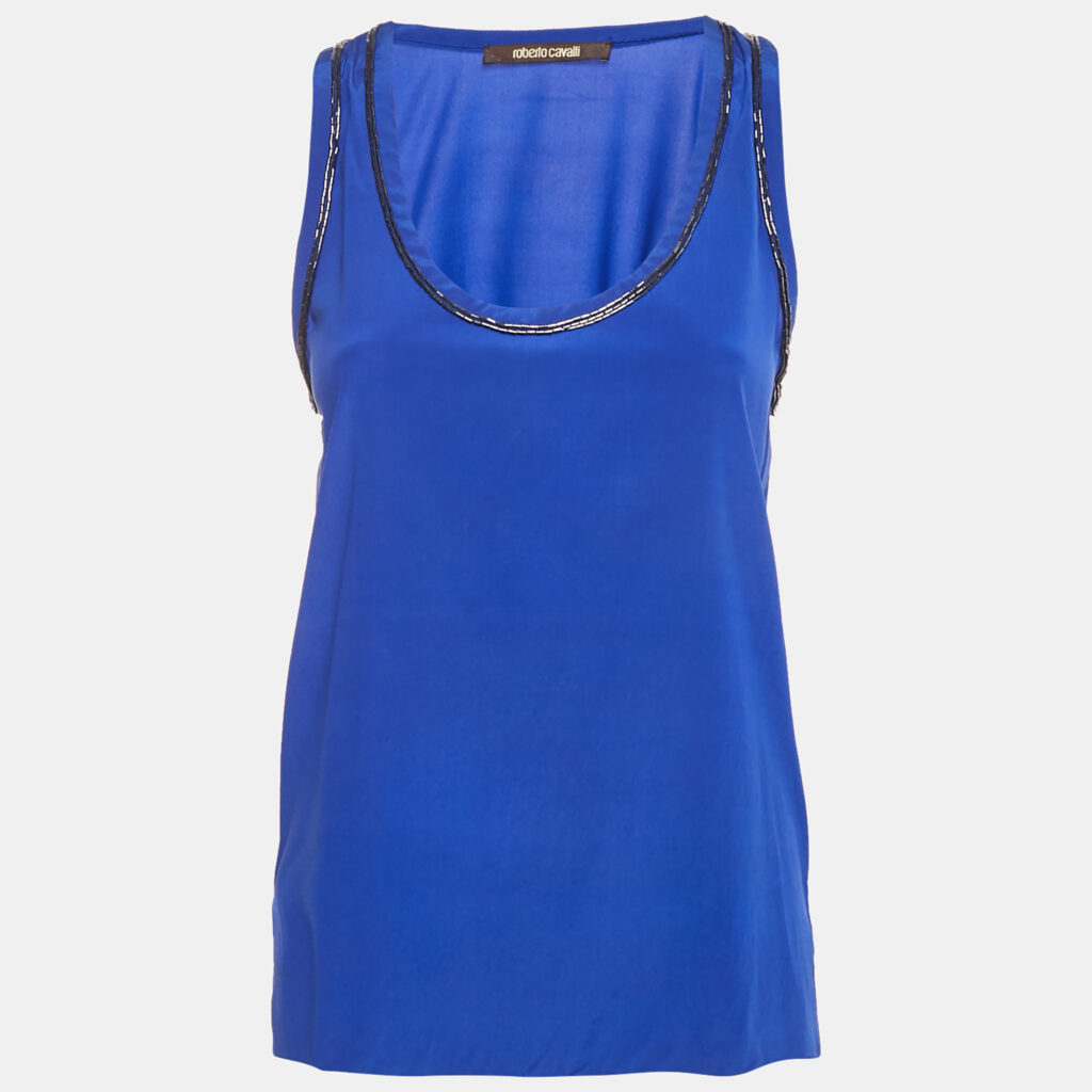 Roberto Cavalli Blue Embellished Silk Sleeveless Top S