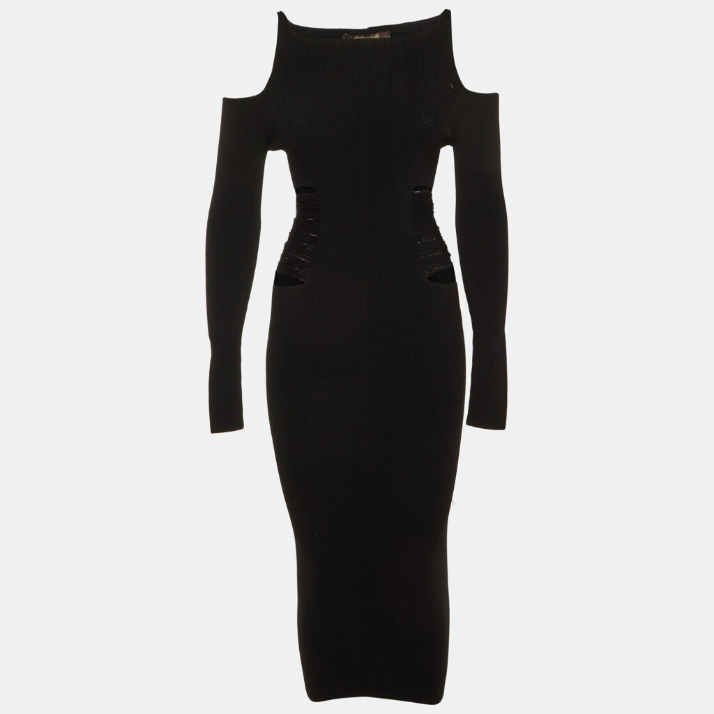 Roberto Cavalli Black Knit Distressed Detail Cold Shoulder Dress S
