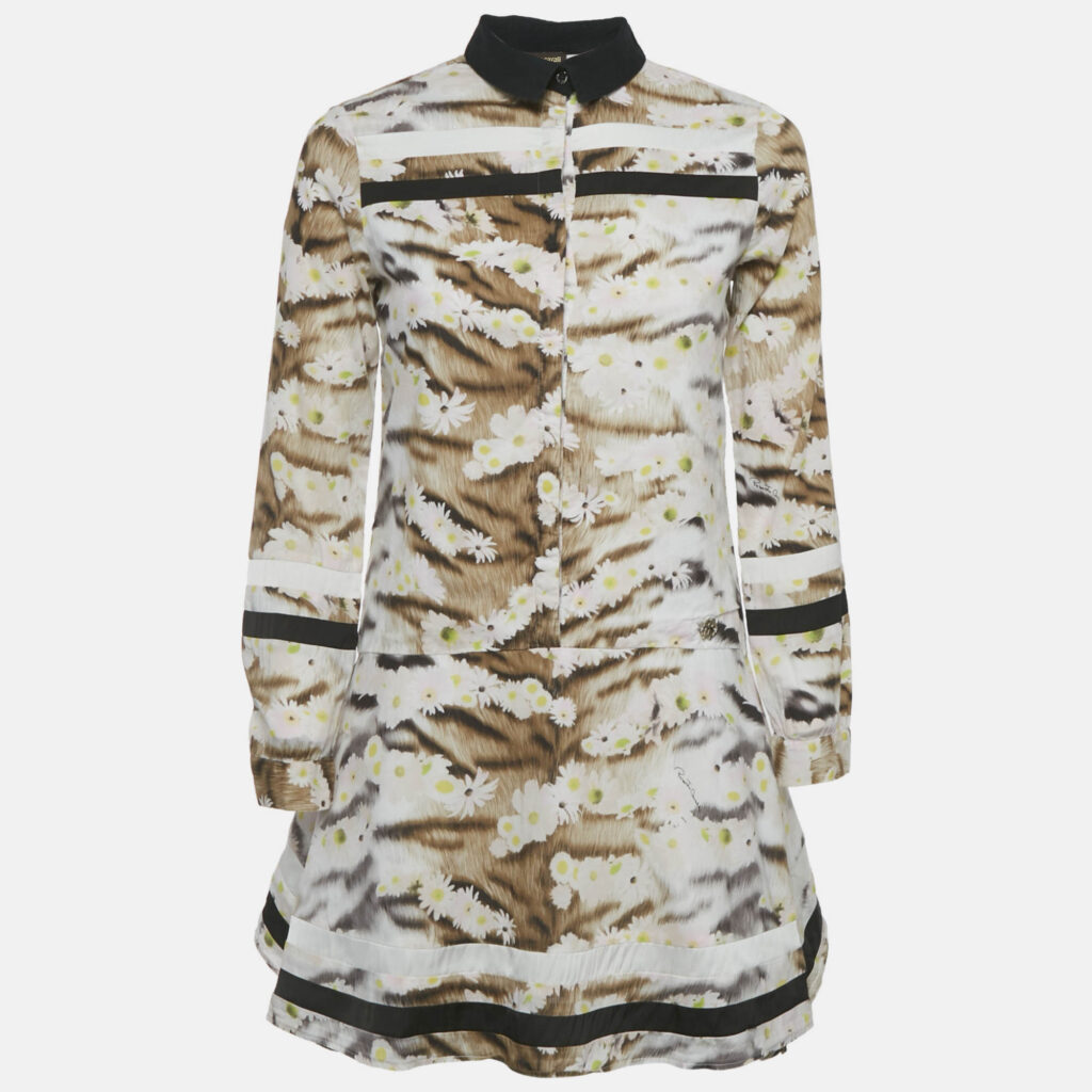 Roberto Cavalli Brown Floral Print Cotton Mini Dress XS Roberto Cavalli Brown Floral Print Cotton Mini Dress XS
