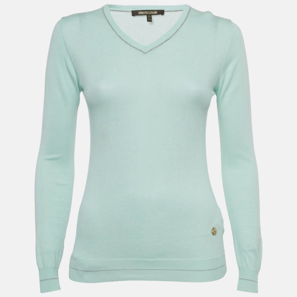 Roberto Cavalli Blue Cotton Knit V-Neck Sweater M