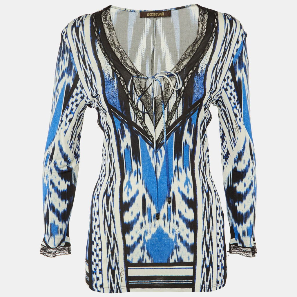 Roberto Cavalli Blue/Black Printed Jersey Lace Detail Top M