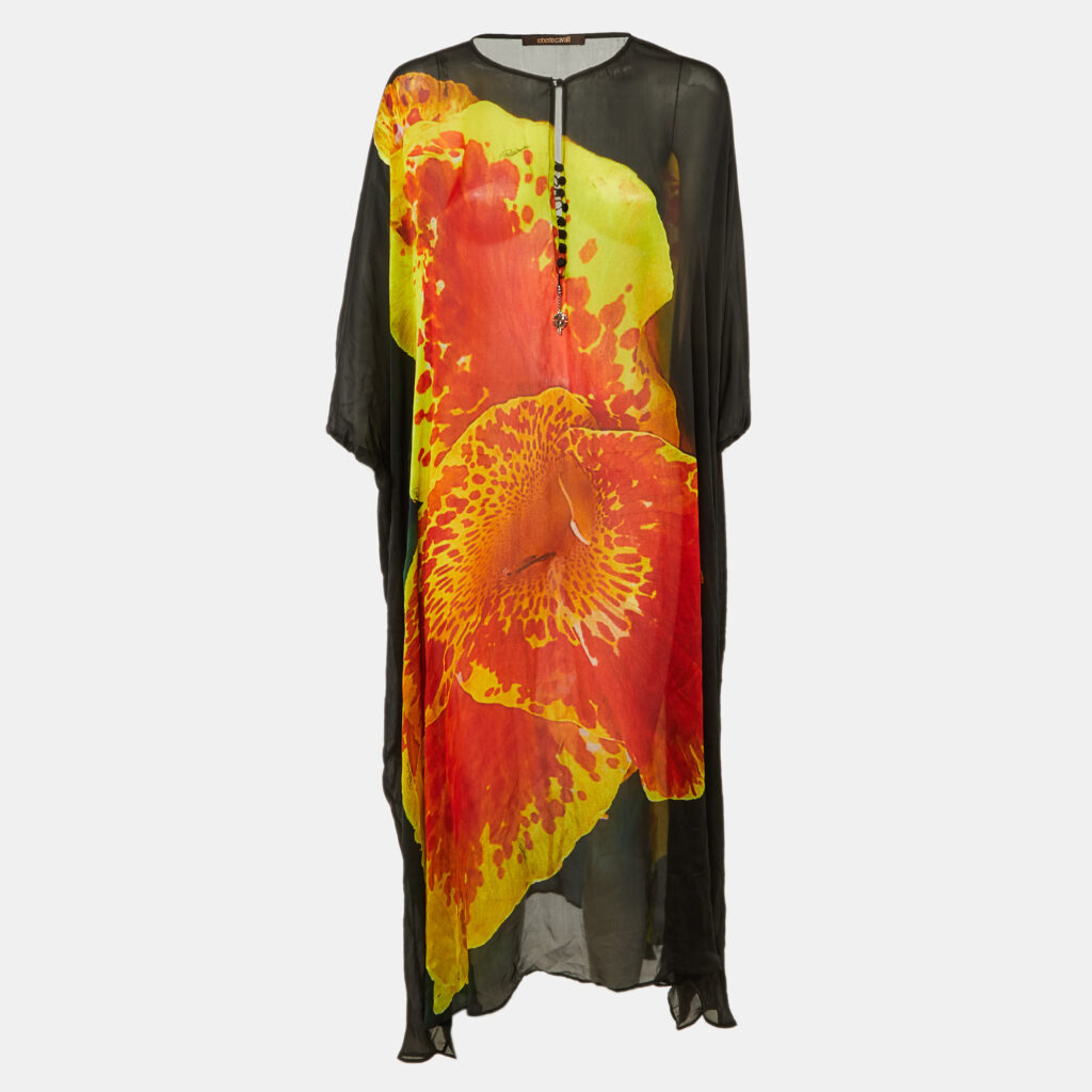 Roberto Cavalli Black Floral Print Silk Cover Up Kaftan S Roberto Cavalli Black Floral Print Silk Cover Up Kaftan S